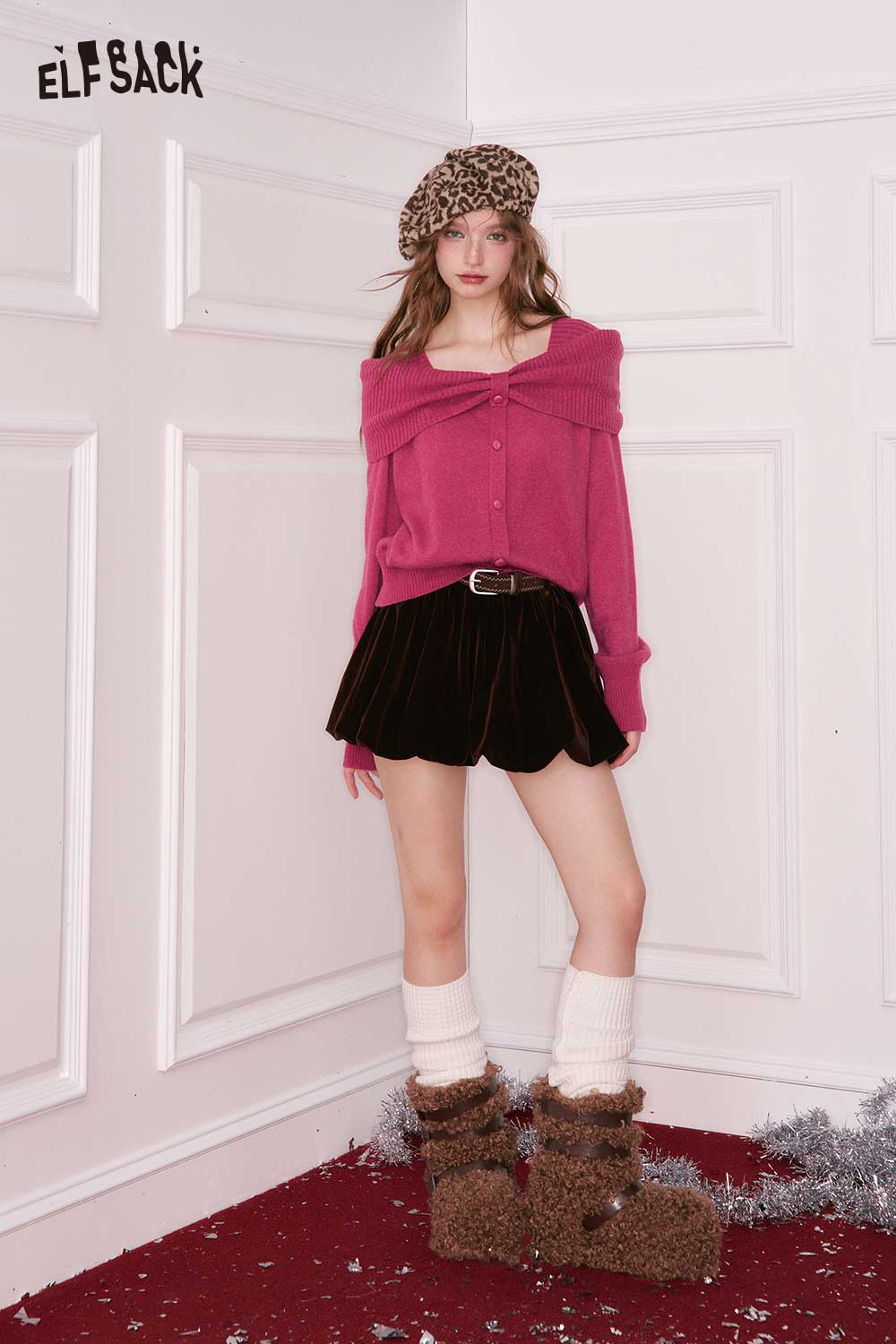 ELFSACK Design Solid Bow Collar Button Fitting Sweater