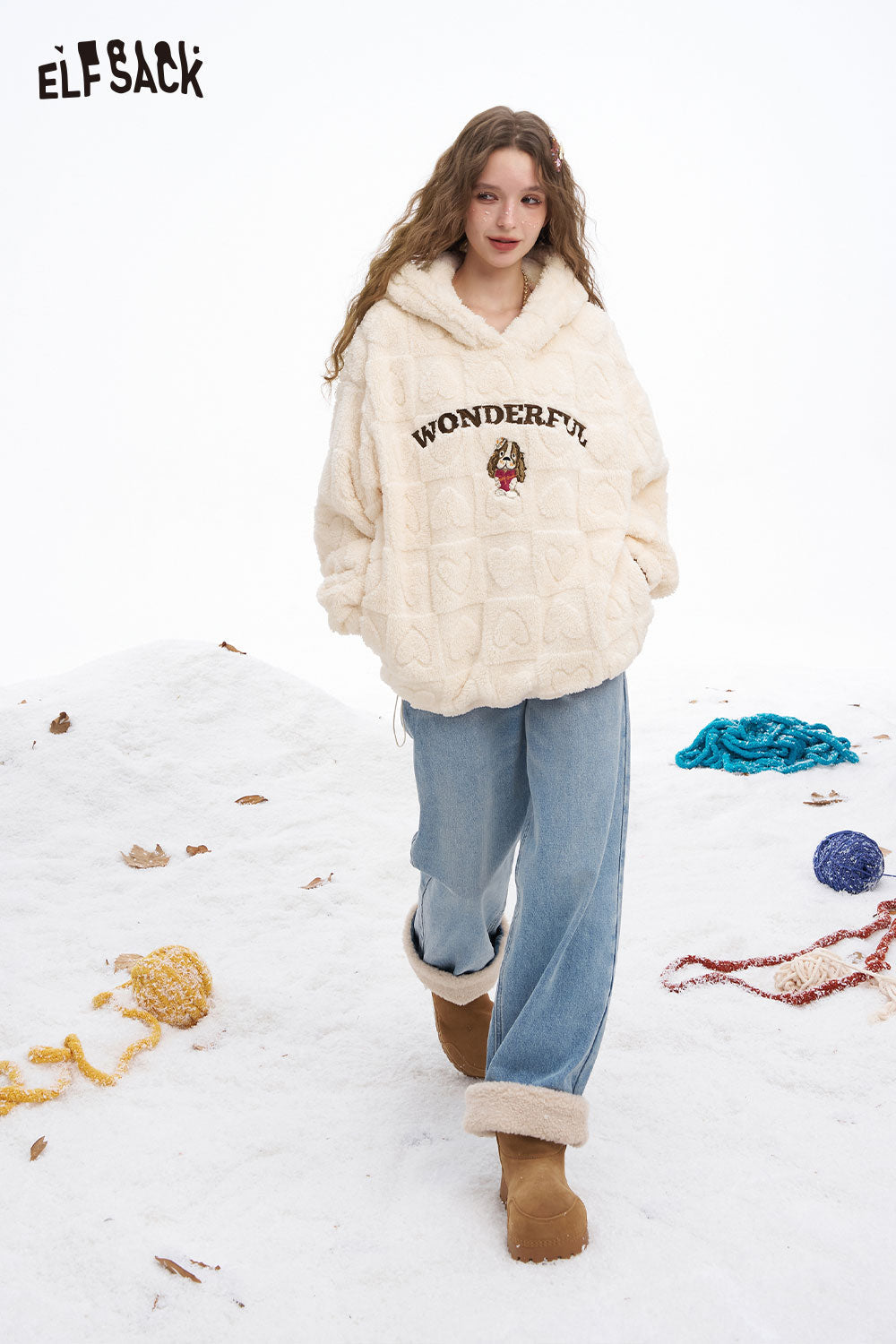 ELFSACK Soft Loose Heart Plush Solid Letter Dog Graphic Hooded Sweatshirt