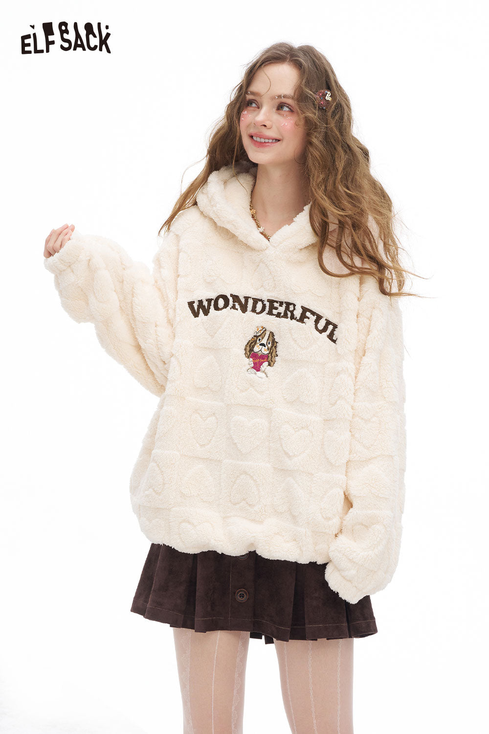 ELFSACK Soft Loose Heart Plush Solid Letter Dog Graphic Hooded Sweatshirt