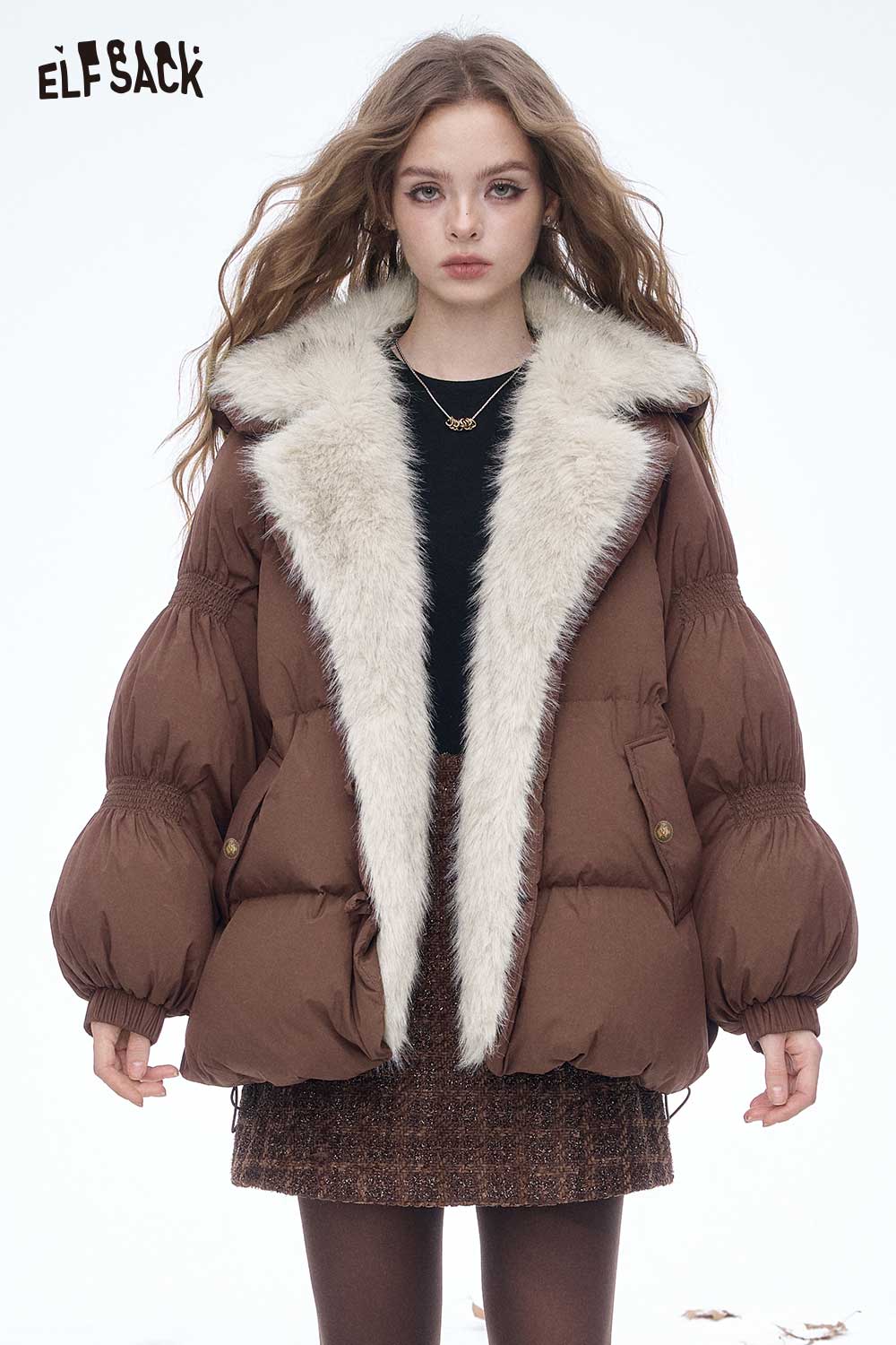 ELFSACK Soft Loose Plush Lining Plush Lapel Solid Down Jacket