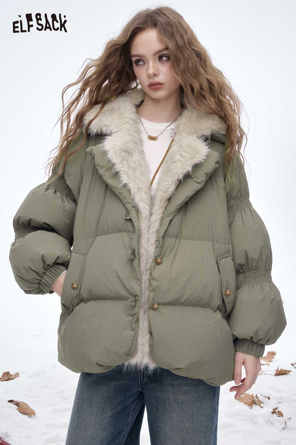 ELFSACK Soft Loose Plush Lining Plush Lapel Solid Down Jacket