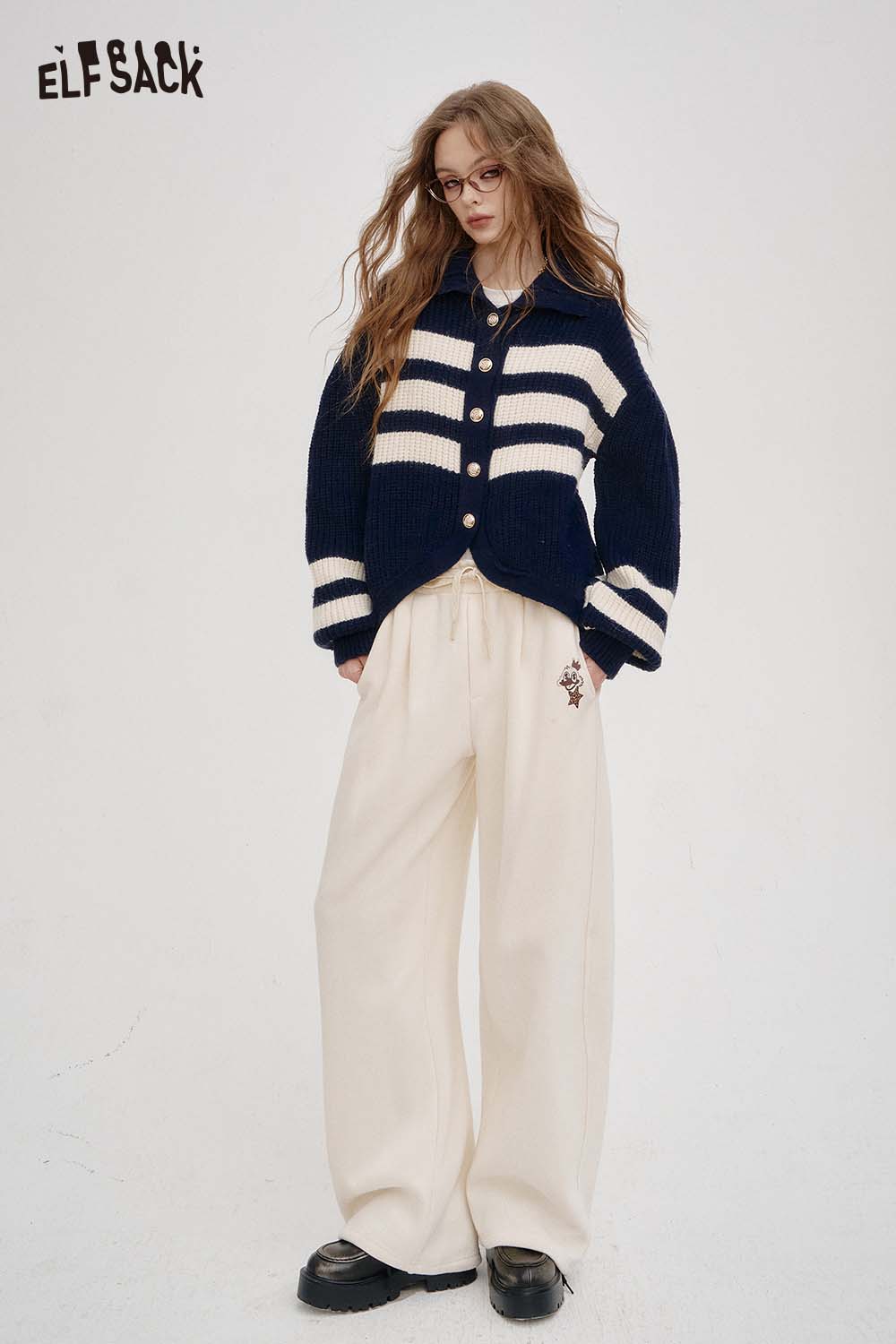 ELFSACK Soft Solid Colour Floor Length Straight Leg Pants