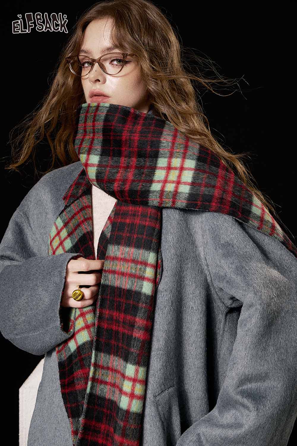 ELFSACK Plaid Lined Wool Blend Coat