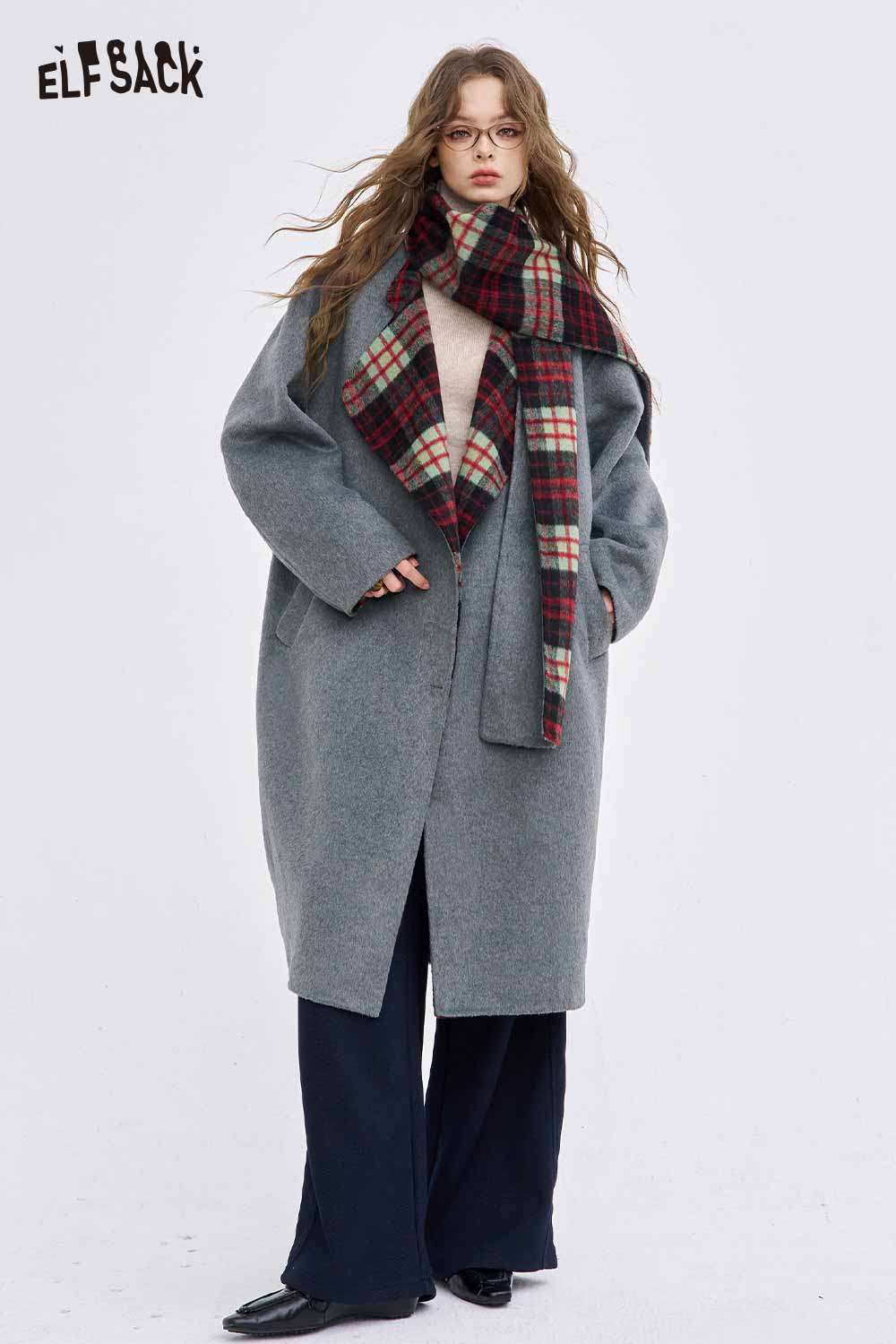 ELFSACK Plaid Lined Wool Blend Coat