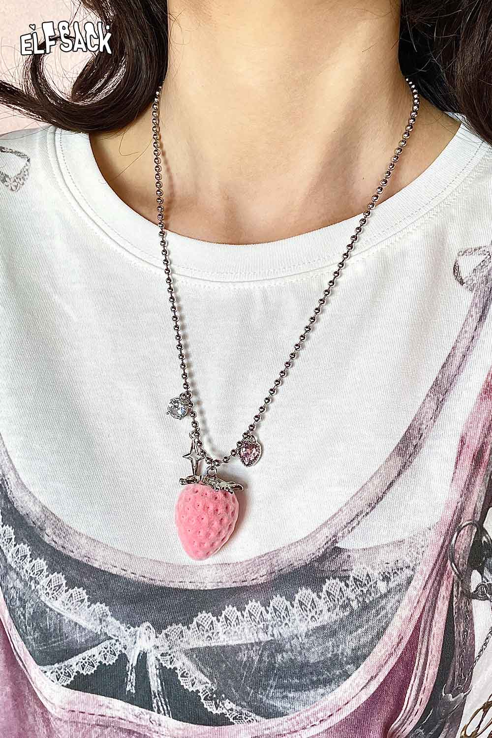 ELFSACK Women's Pink Strawberry Pendant Necklace