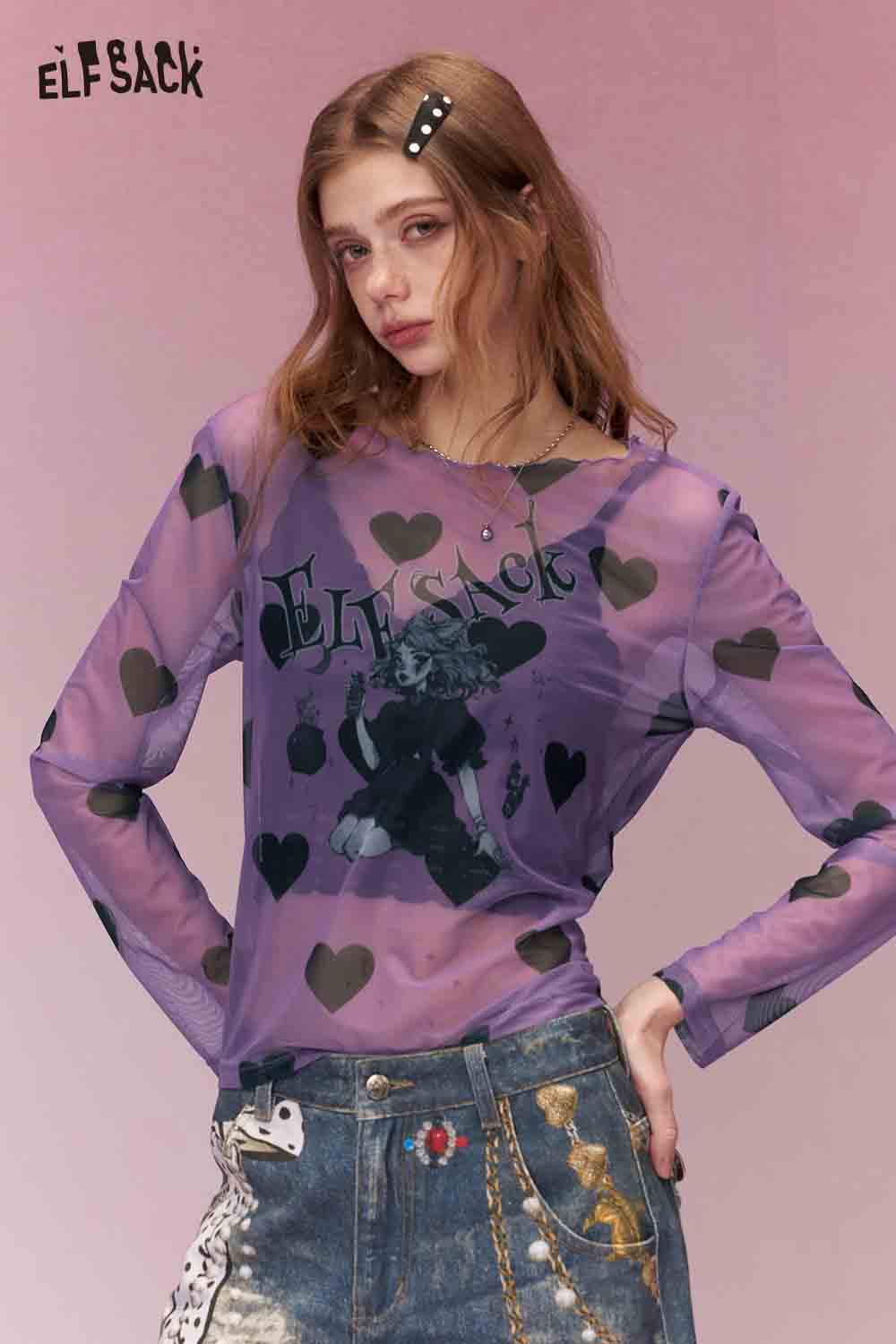 ELFSACK Sweet Casual All Over Print Long Sleeve TShirt