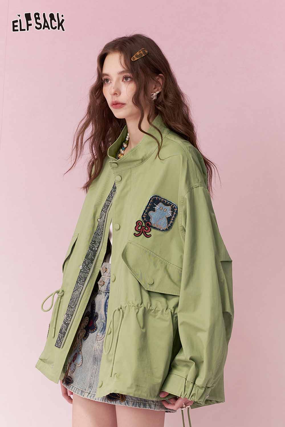 ELFSACK Cargo Army Green Trench Coat with Mixed Material Patchwork