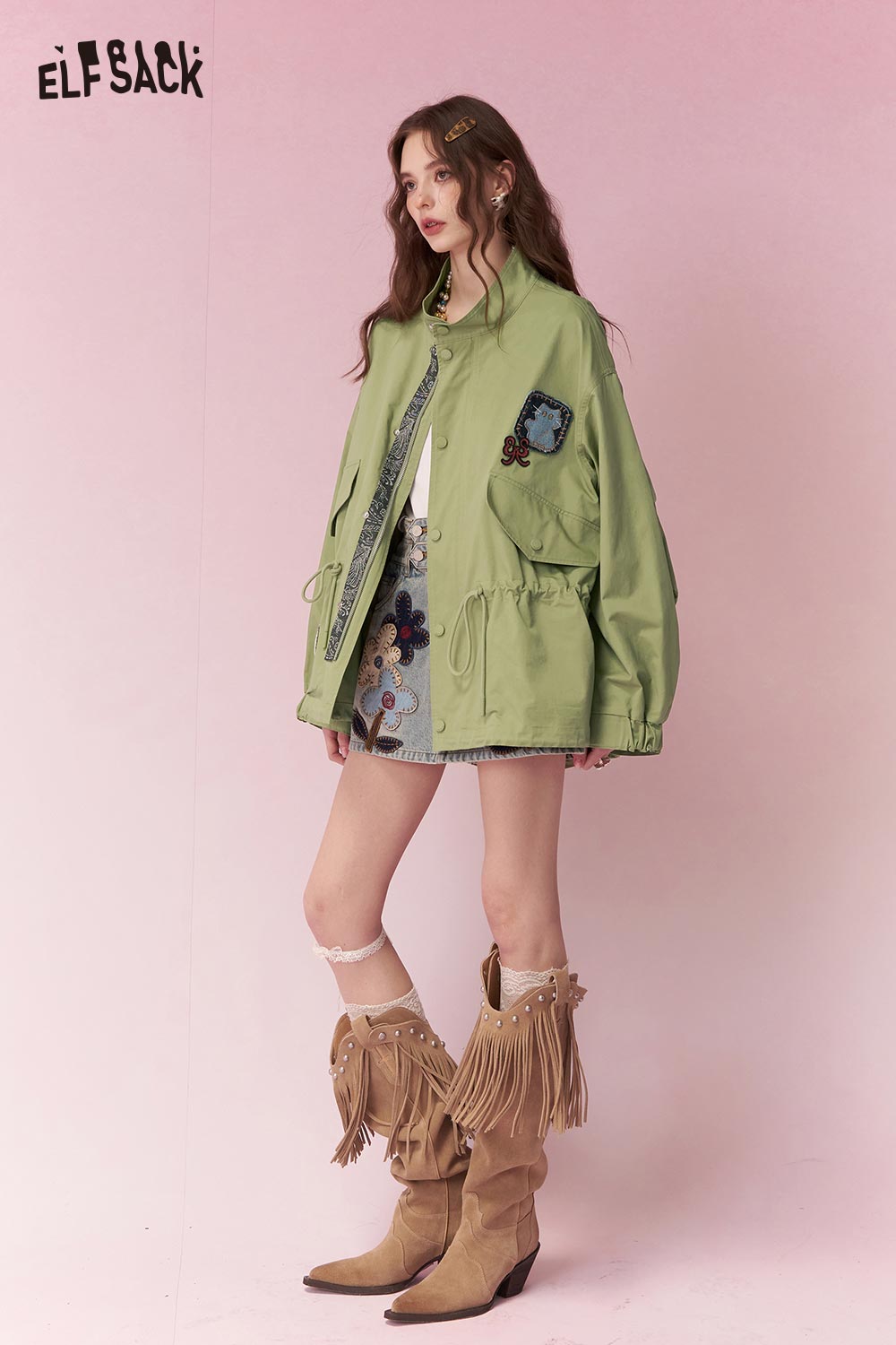 ELFSACK Cargo Army Green Trench Coat with Mixed Material Patchwork