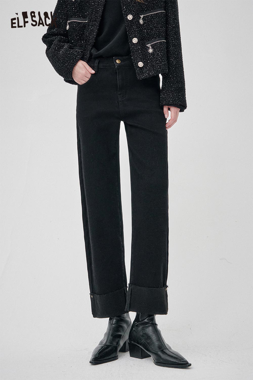ELFSACK Cotton Denim Solid Wash Slim Straight Leg Pants