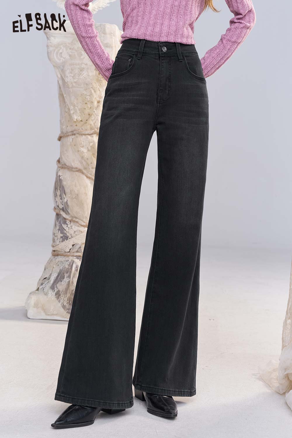 ELFSACK Stretch Denim Mid Waist Slim Fit Bootcut Jeans Classic Trousers