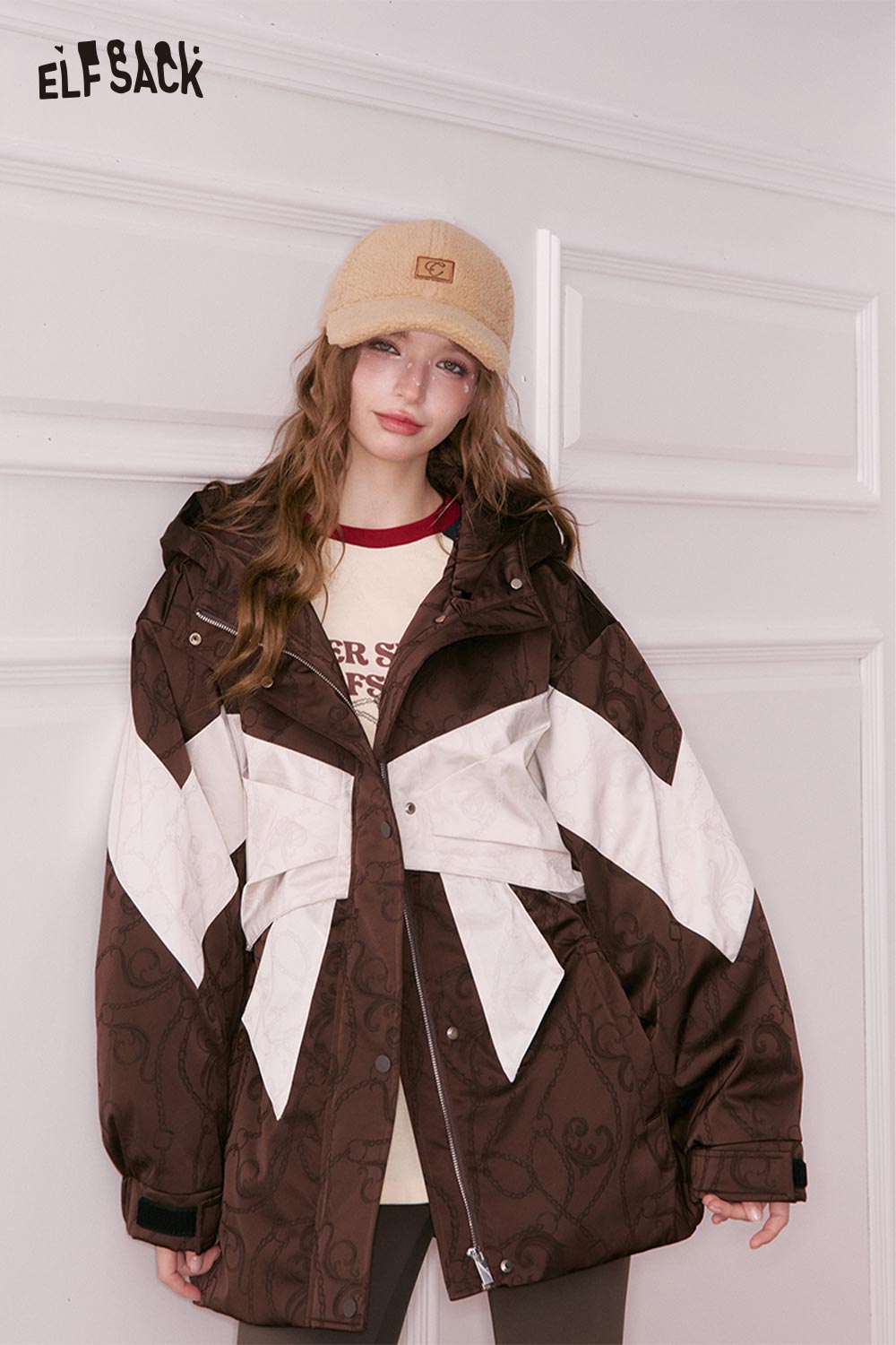 ELFSACK Casual Color Dashing Bow Knot Loose Puffer Down Jacket