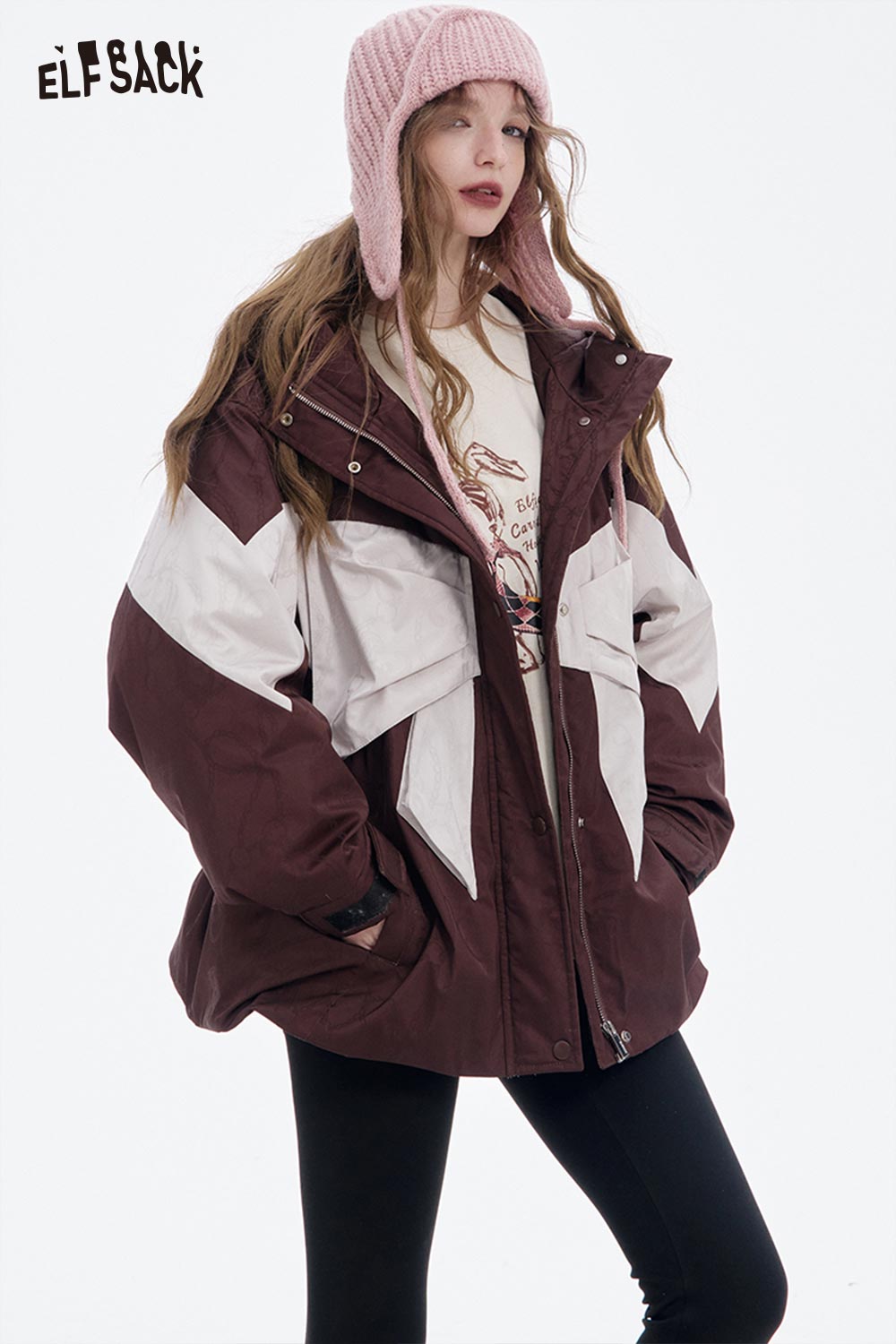 ELFSACK Casual Color Dashing Bow Knot Loose Puffer Down Jacket