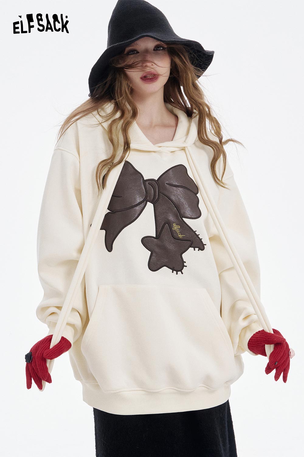 ELFSACK Casual Loose Bow Graphic Drawstring Large Pocket Hoodie