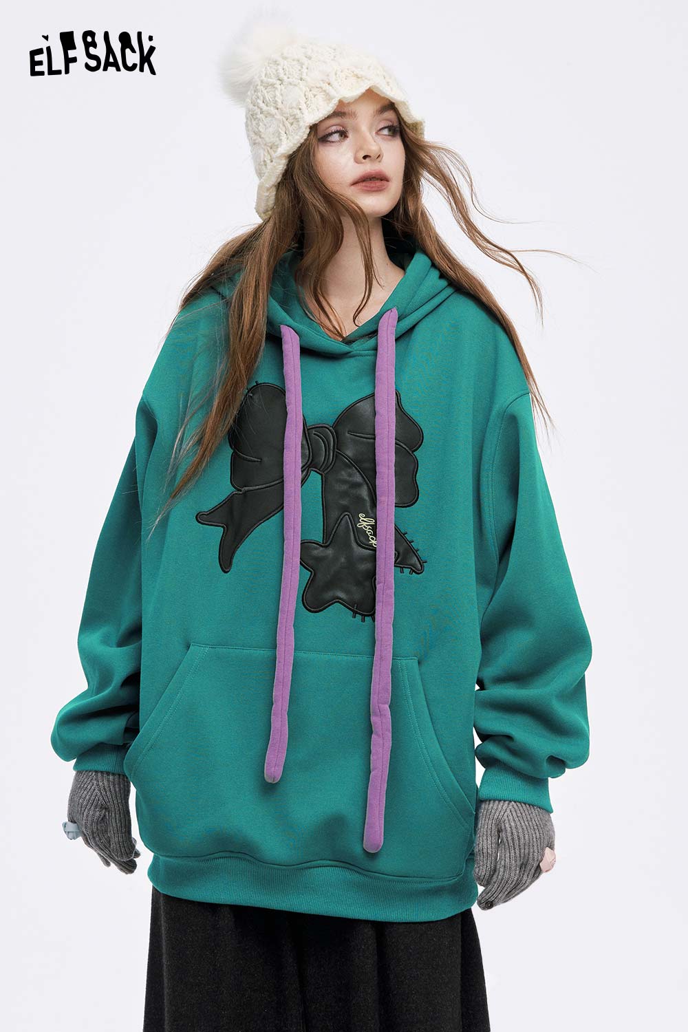 ELFSACK Casual Loose Bow Graphic Drawstring Large Pocket Hoodie