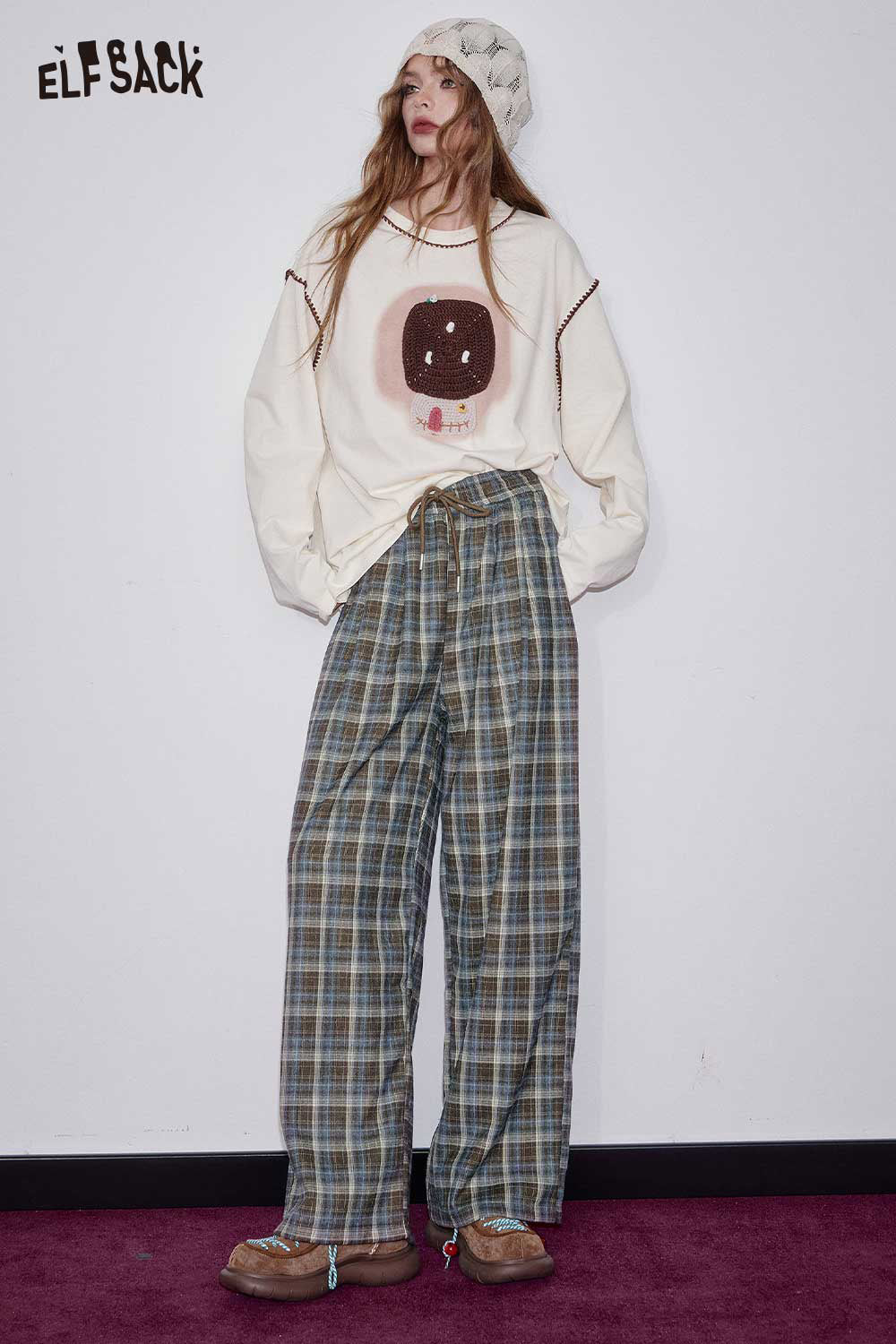 ELFSACK Soft Blend All-Over Check Pattern Relaxed Fit Trousers