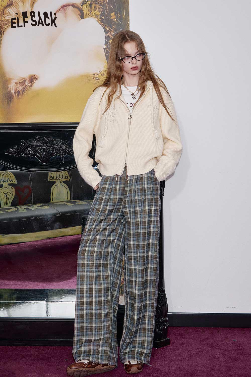 ELFSACK Soft Blend All-Over Check Pattern Relaxed Fit Trousers