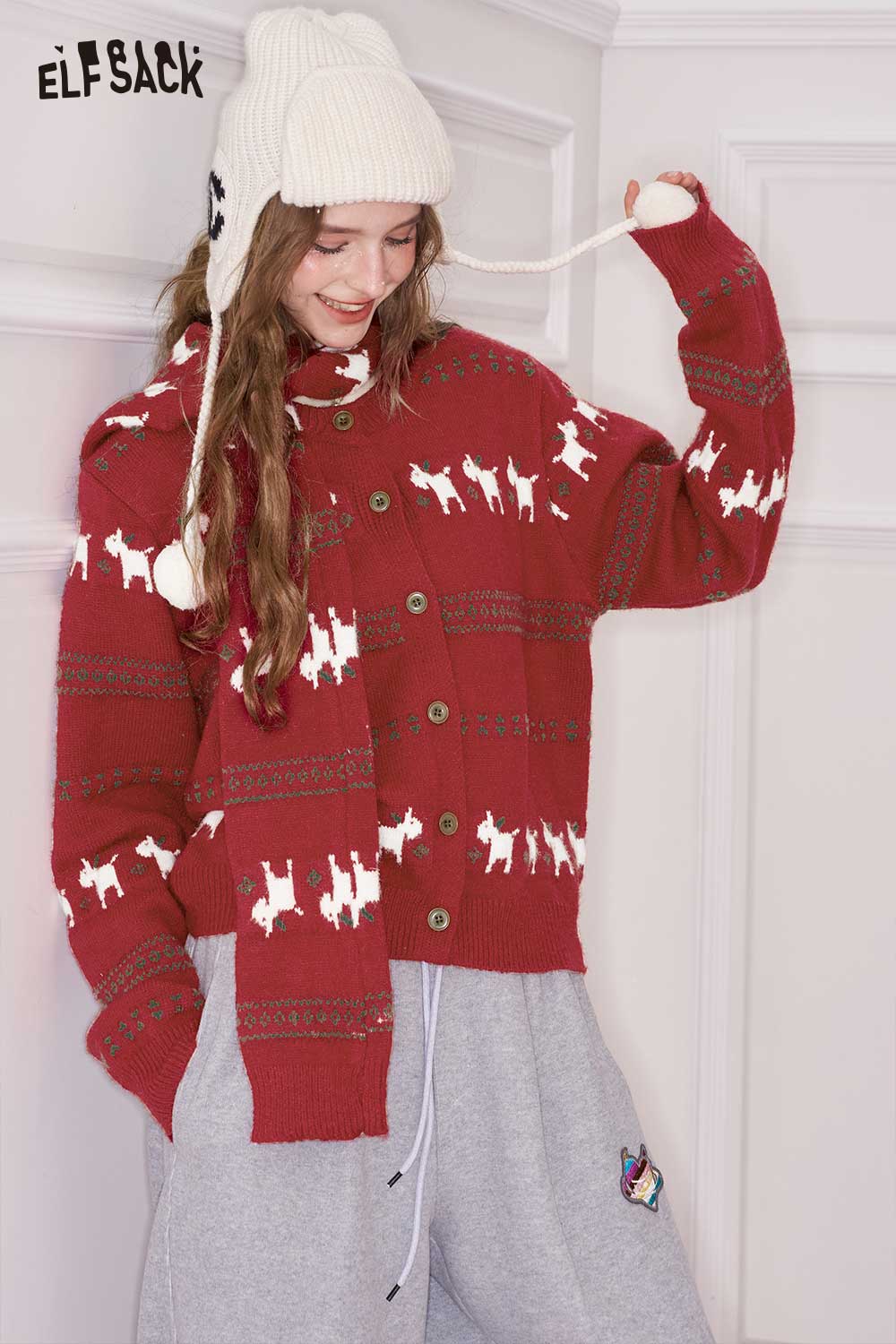 ELFSACK Minimalist Casual Loose Christmas Animal Graphic Round Neck Knit Cardigan