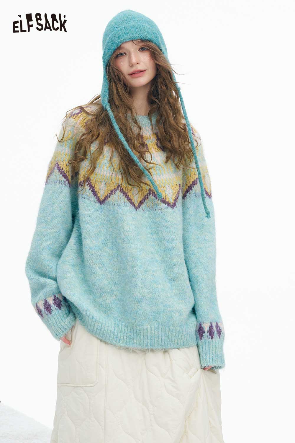 ELFSACK Soft Casual Loose Christmas Stripe Round Neck Sweater