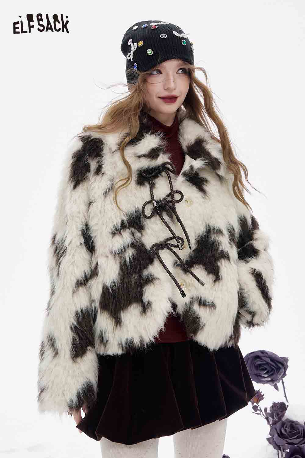 ELFSACK Soft Black White Color Blocking Lapel Bow Button Warm Coat