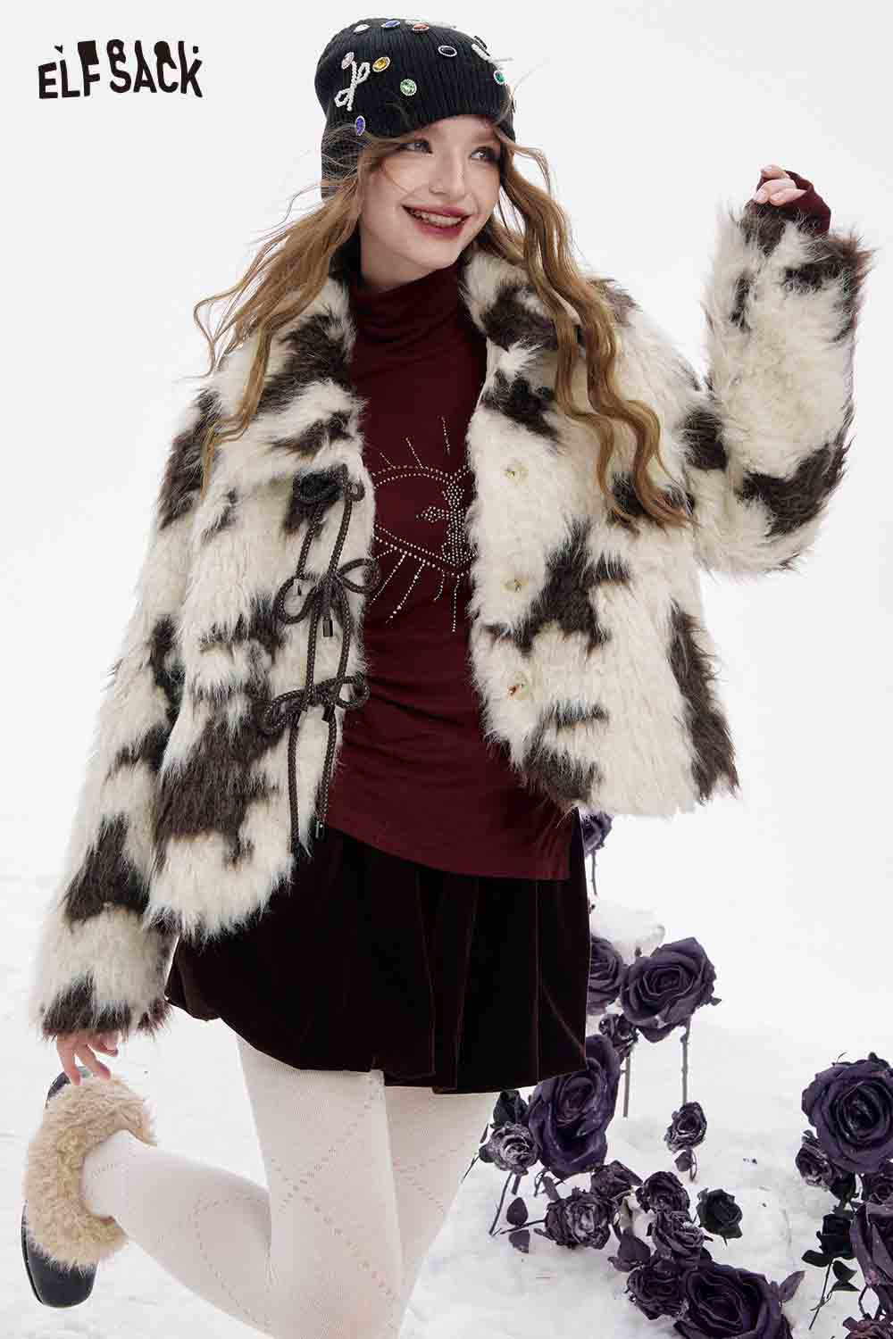 ELFSACK Soft Black White Color Blocking Lapel Bow Button Warm Coat