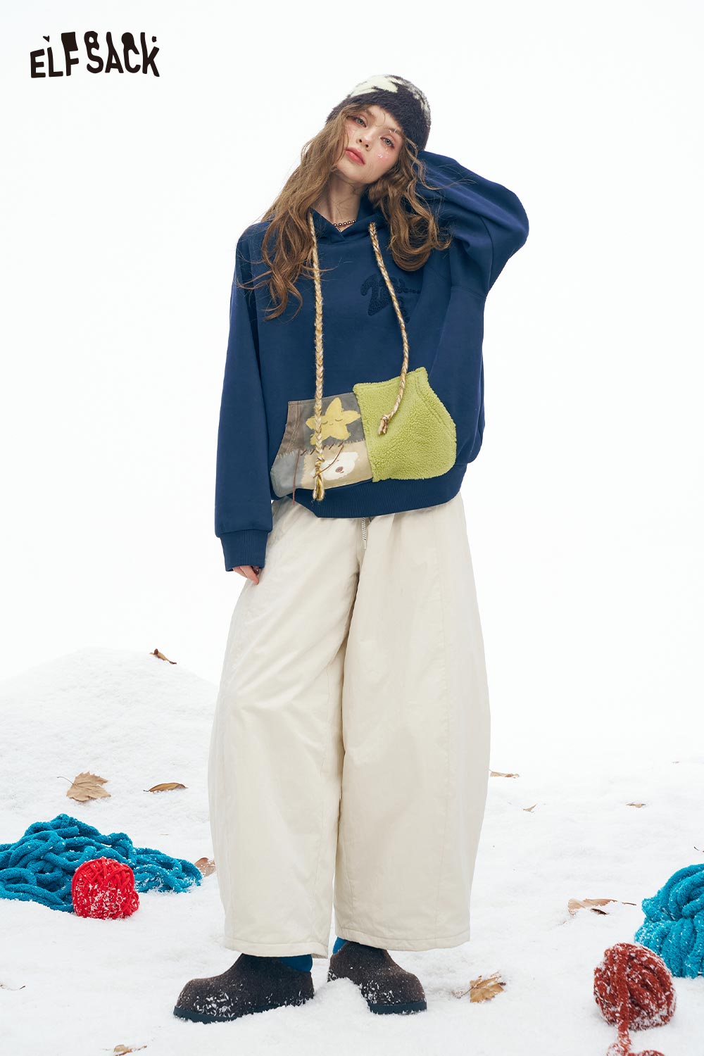 ELFSACK Soft Solid Color Block Pocket Twist Knot Drawstring Hooded Sweatshirt