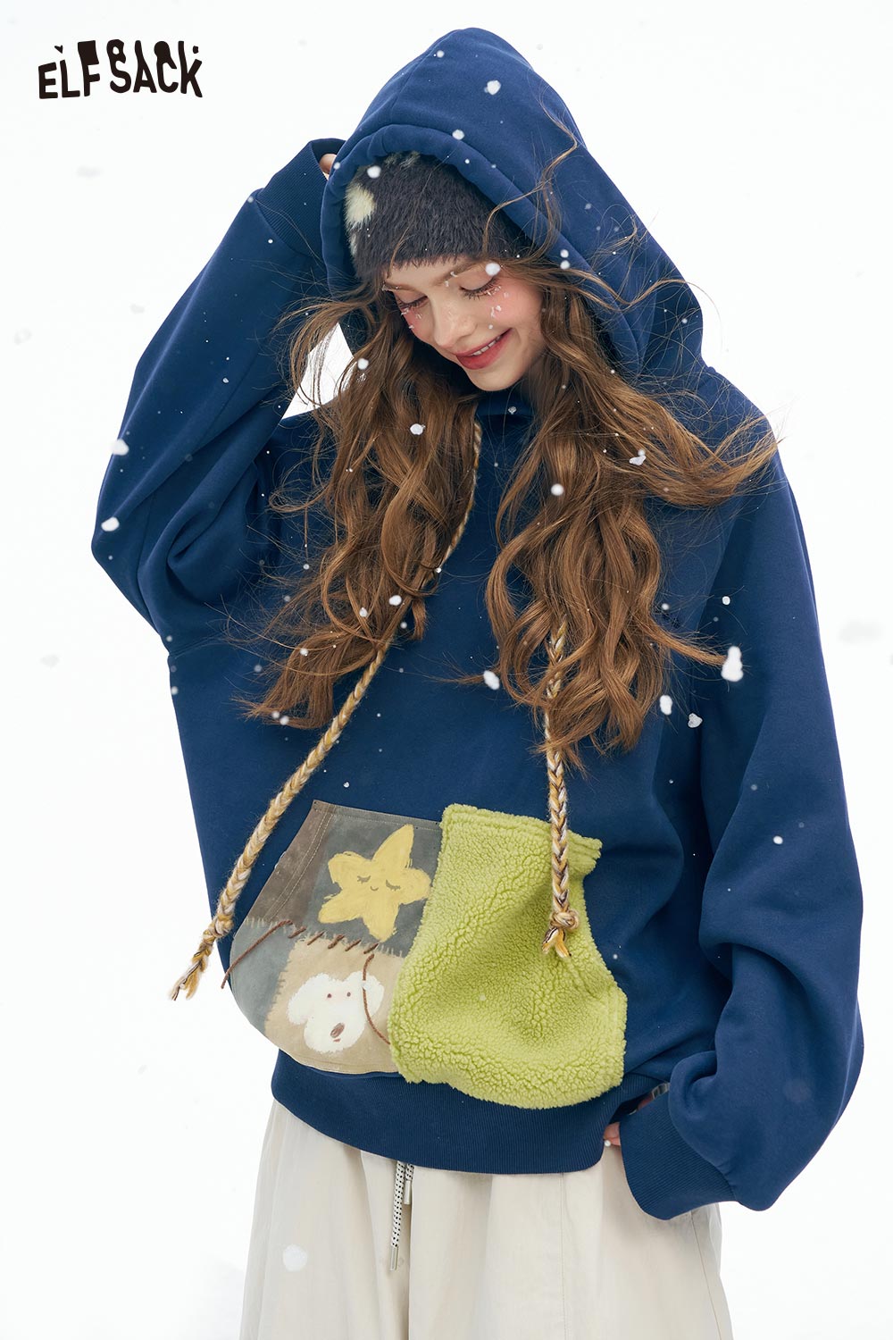 ELFSACK Soft Solid Color Block Pocket Twist Knot Drawstring Hooded Sweatshirt