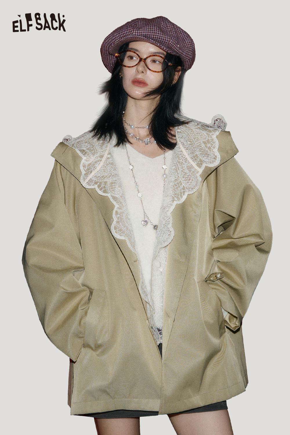ELFSACK Cotton Blend Hooded Design Lace Panel Lining Short Trench Coat