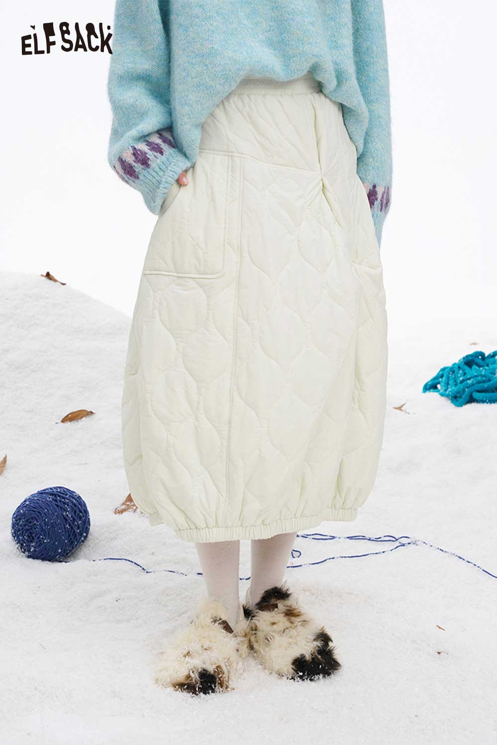 ELFSACK Light Casual Classic Solid Trim Warm Down Half Skirt