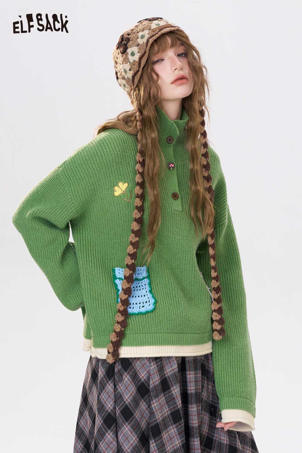 ELFSACK Casual Solid Embroidery Stand Collar Knitwear