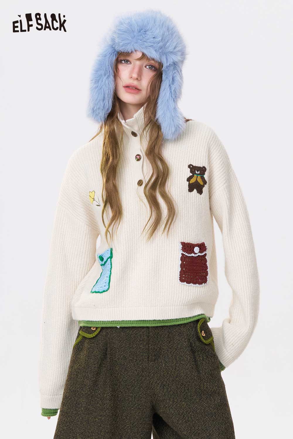 ELFSACK Casual Solid Embroidery Stand Collar Knitwear