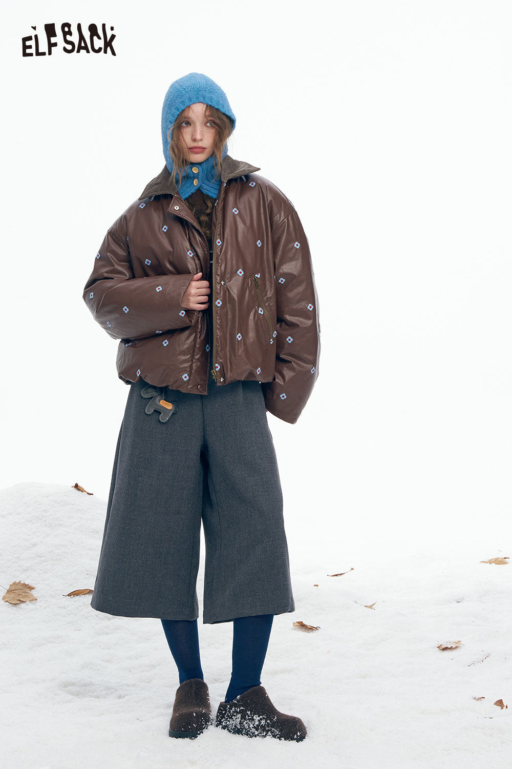 ELFSACK Light Faux Leather Solid Floral Graphic Lapel Short Down Jacket