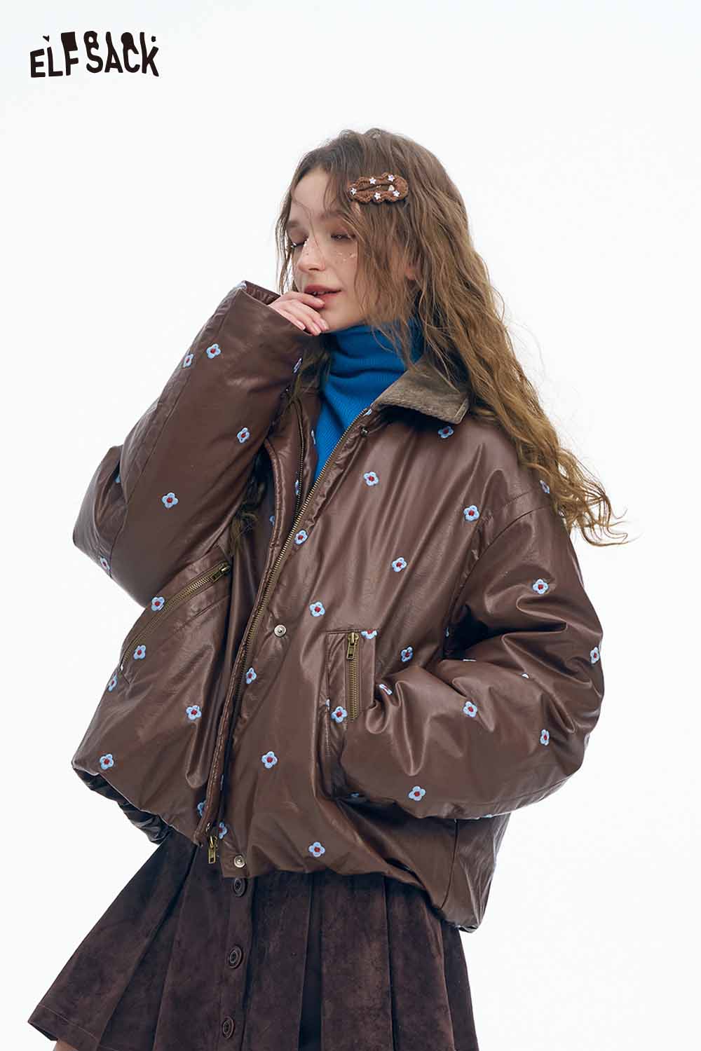 ELFSACK Light Faux Leather Solid Floral Graphic Lapel Short Down Jacket