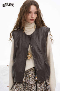 ELFSACK Light Faux Leather Solid Round Neck Sleeveless Vest