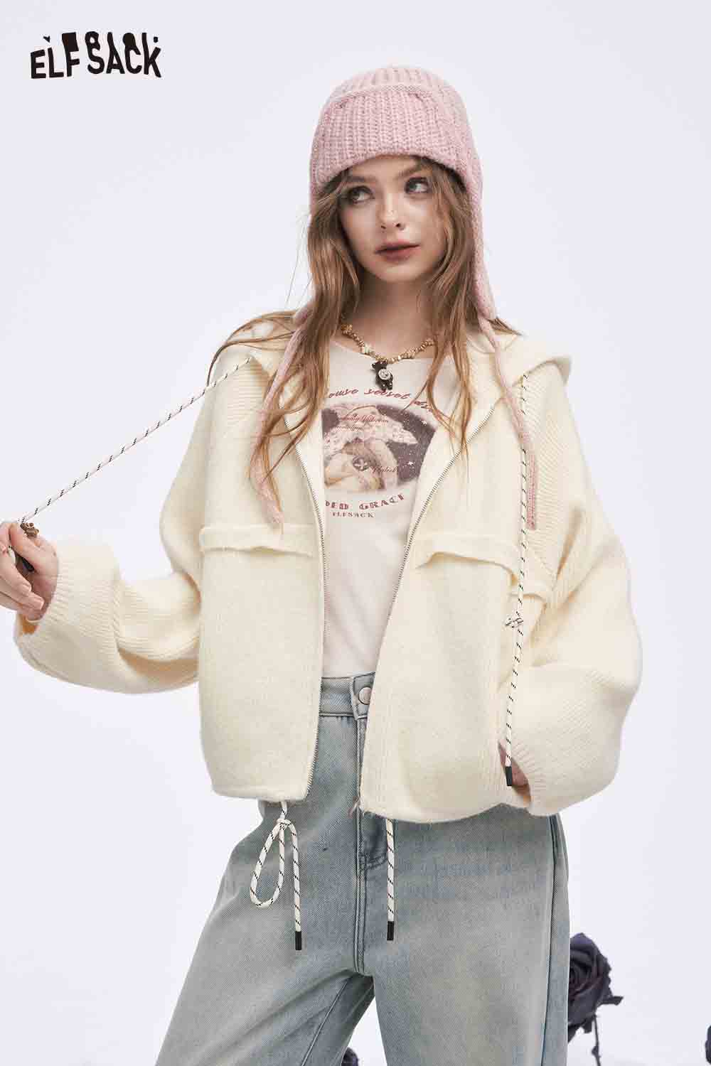 ELFSACK Soft Casual Solid Fleece Striped Drawstring Hooded Sweater