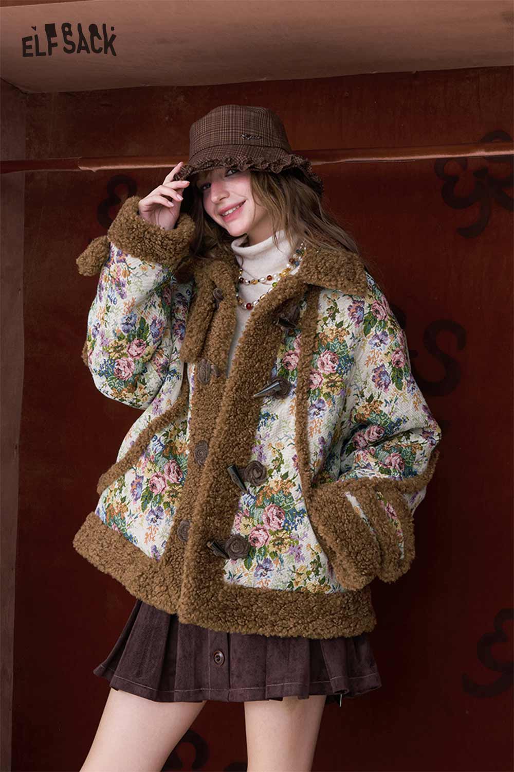 ELFSACK Casual Loose Floral Graphic Raw Edge Lapel Coat