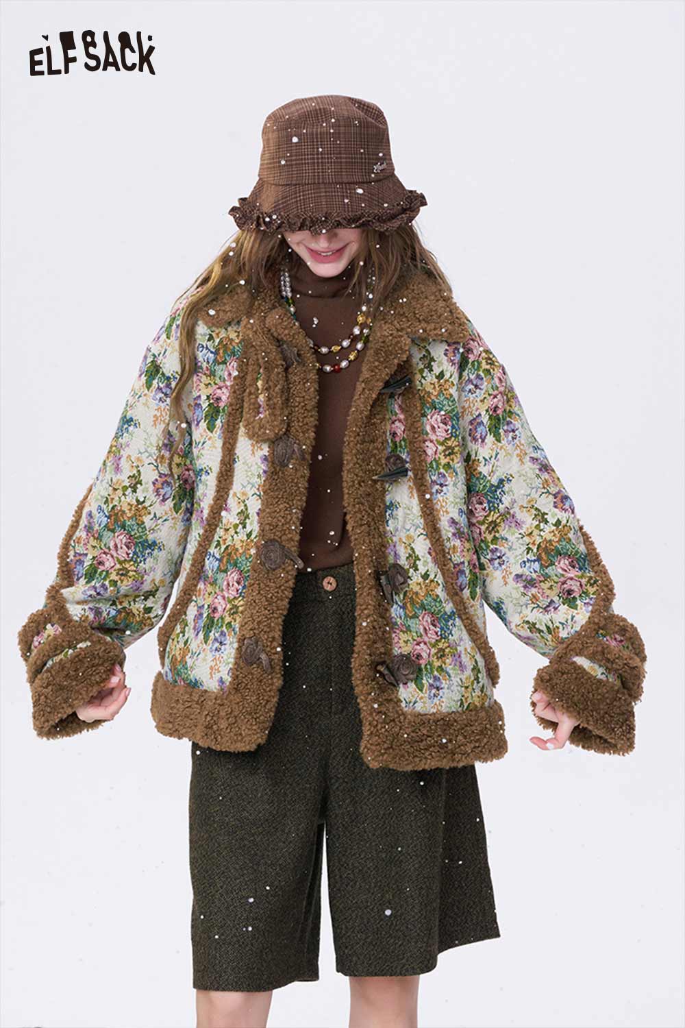 ELFSACK Casual Loose Floral Graphic Raw Edge Lapel Coat