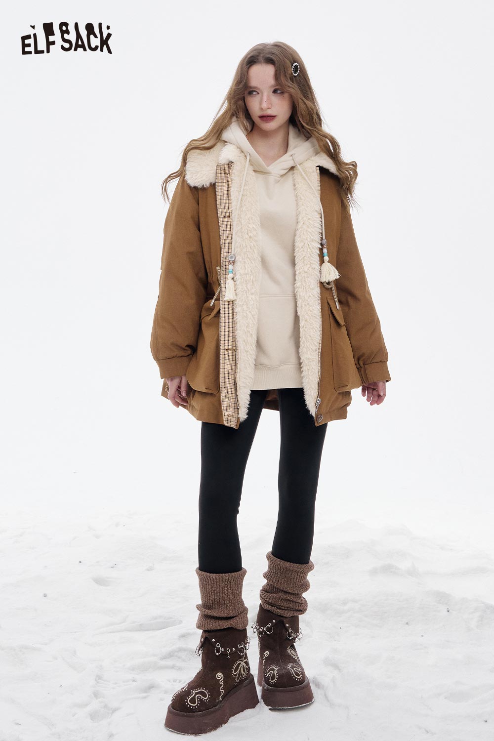 ELFSACK Casual Furry Plaid Large Pocket Drawstring Down Coat
