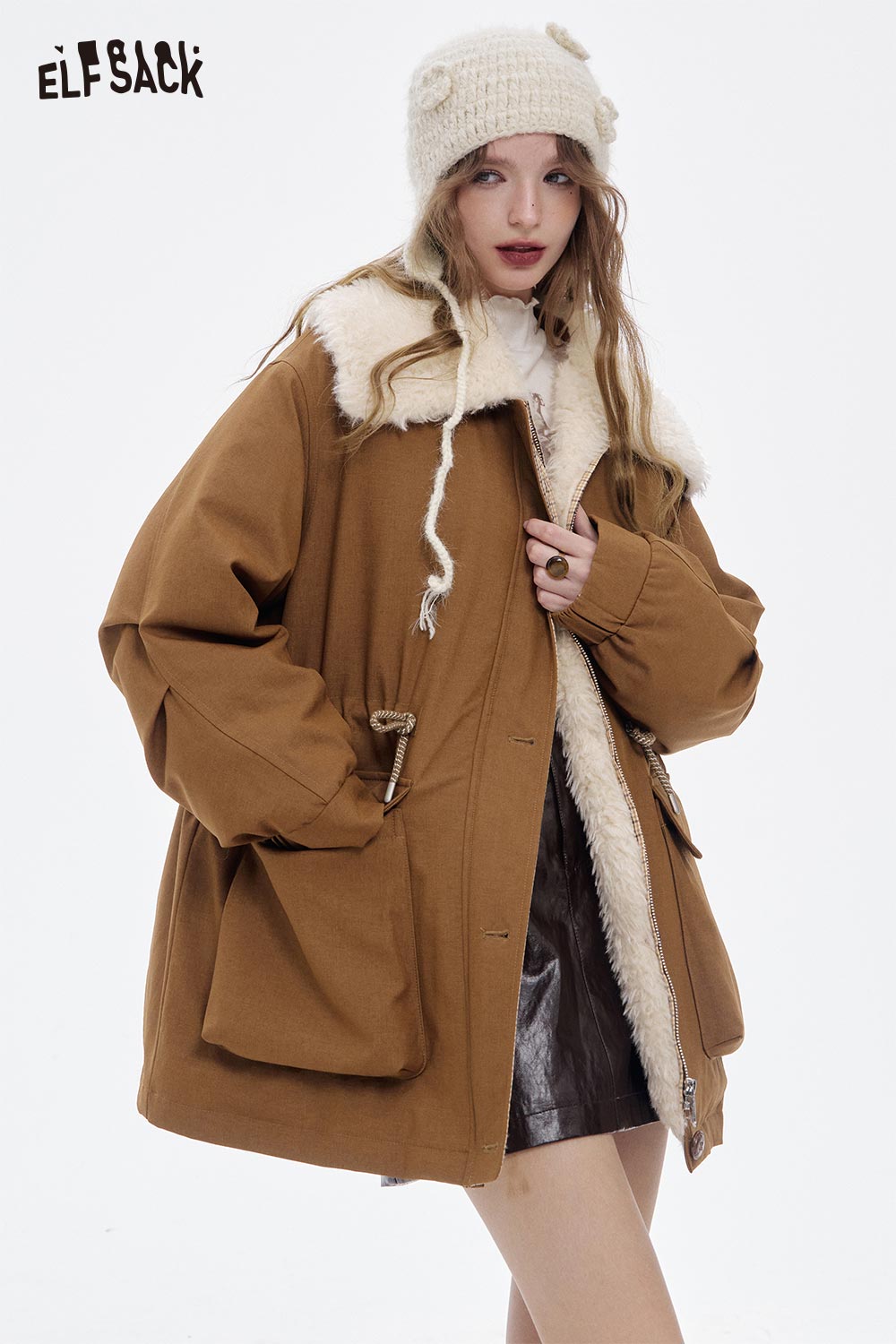 ELFSACK Casual Furry Plaid Large Pocket Drawstring Down Coat
