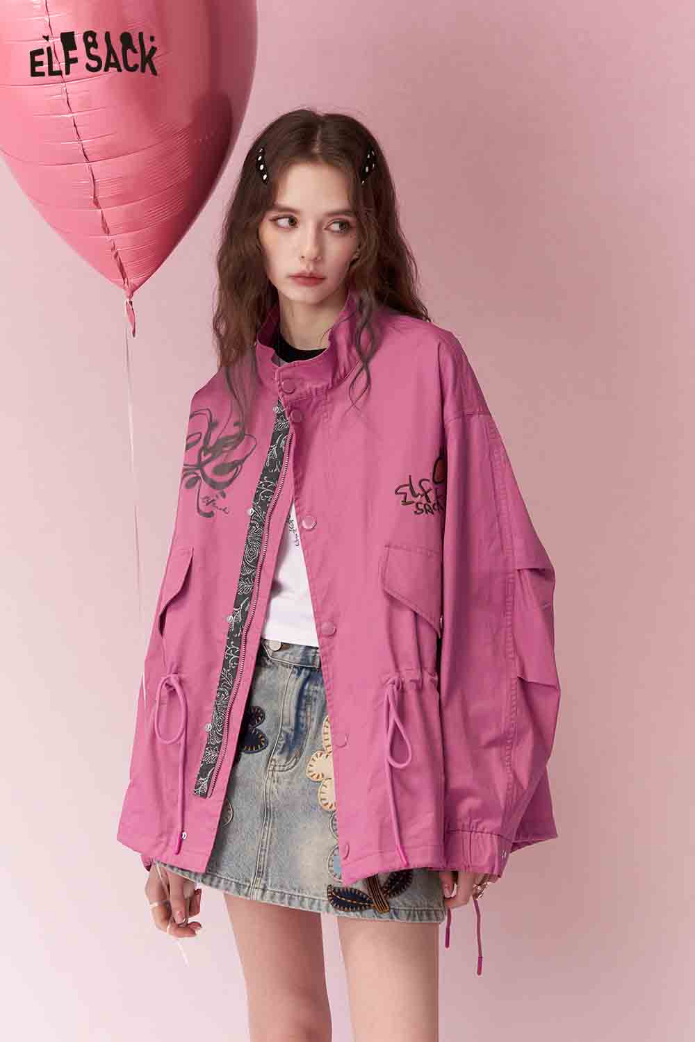 ELFSACK Casual Graffiti Embroidered Drawstring Waist Rose Cargo Jacket