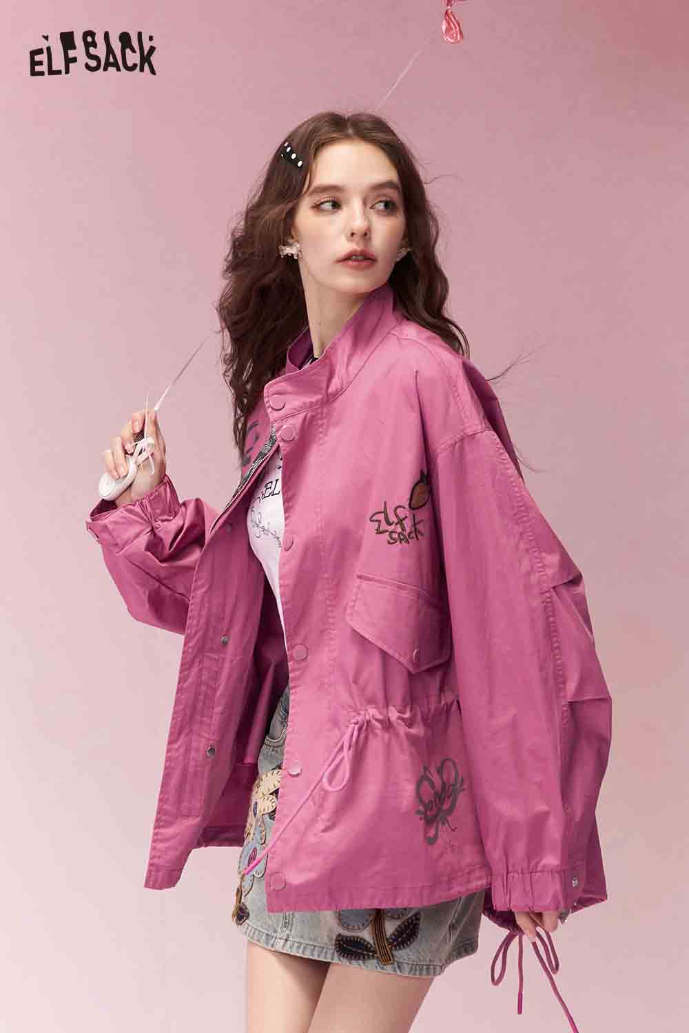 ELFSACK Casual Graffiti Embroidered Drawstring Waist Rose Cargo Jacket