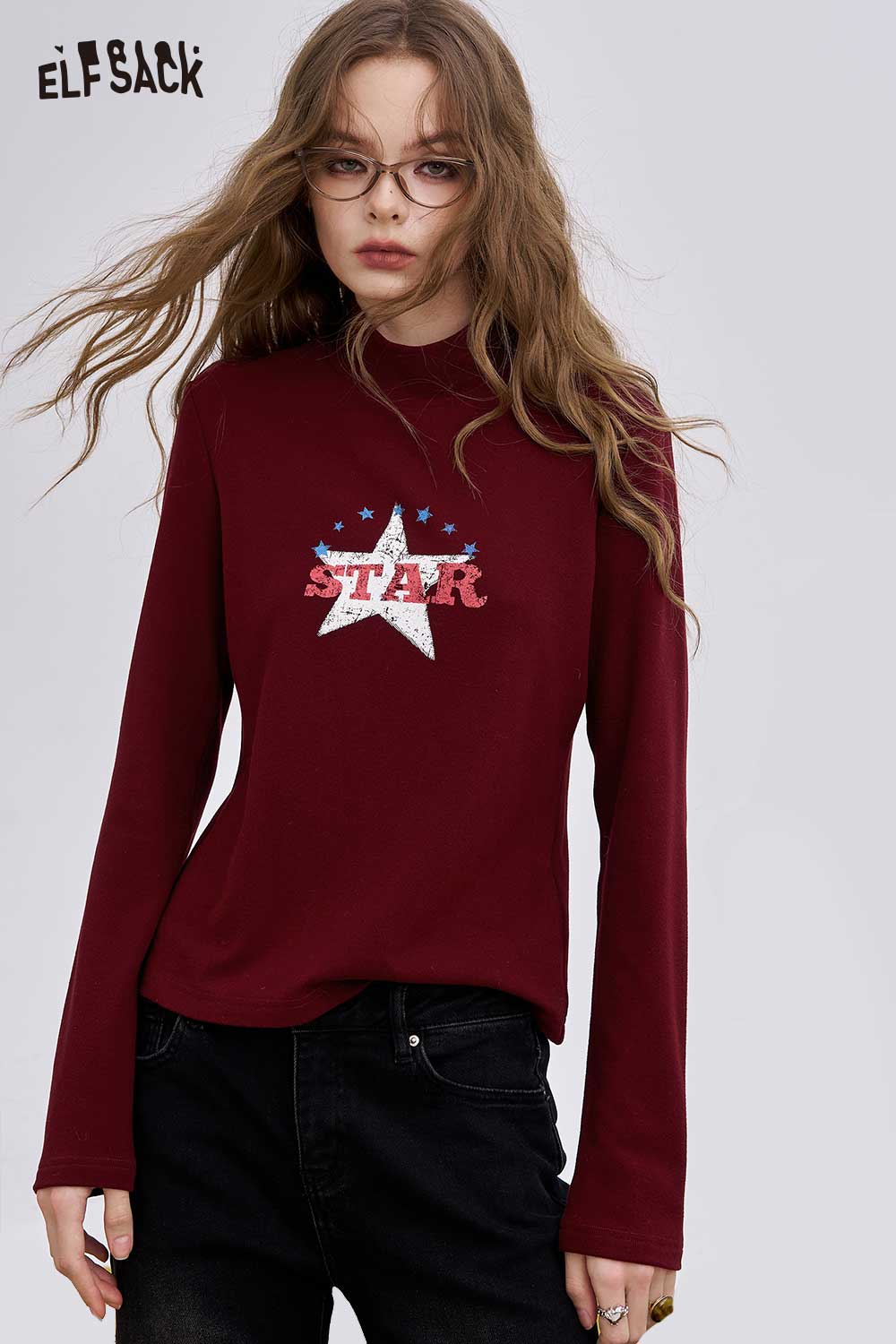 ELFSACK Light Slim Fit Half Neck Graphic Long Sleeve Tshirt