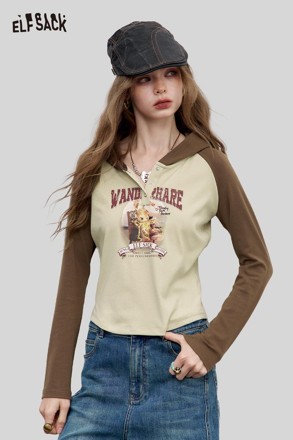 ELFSACK Soft Hooded Contrast Raglan Graphic Print Design Sweatshirt