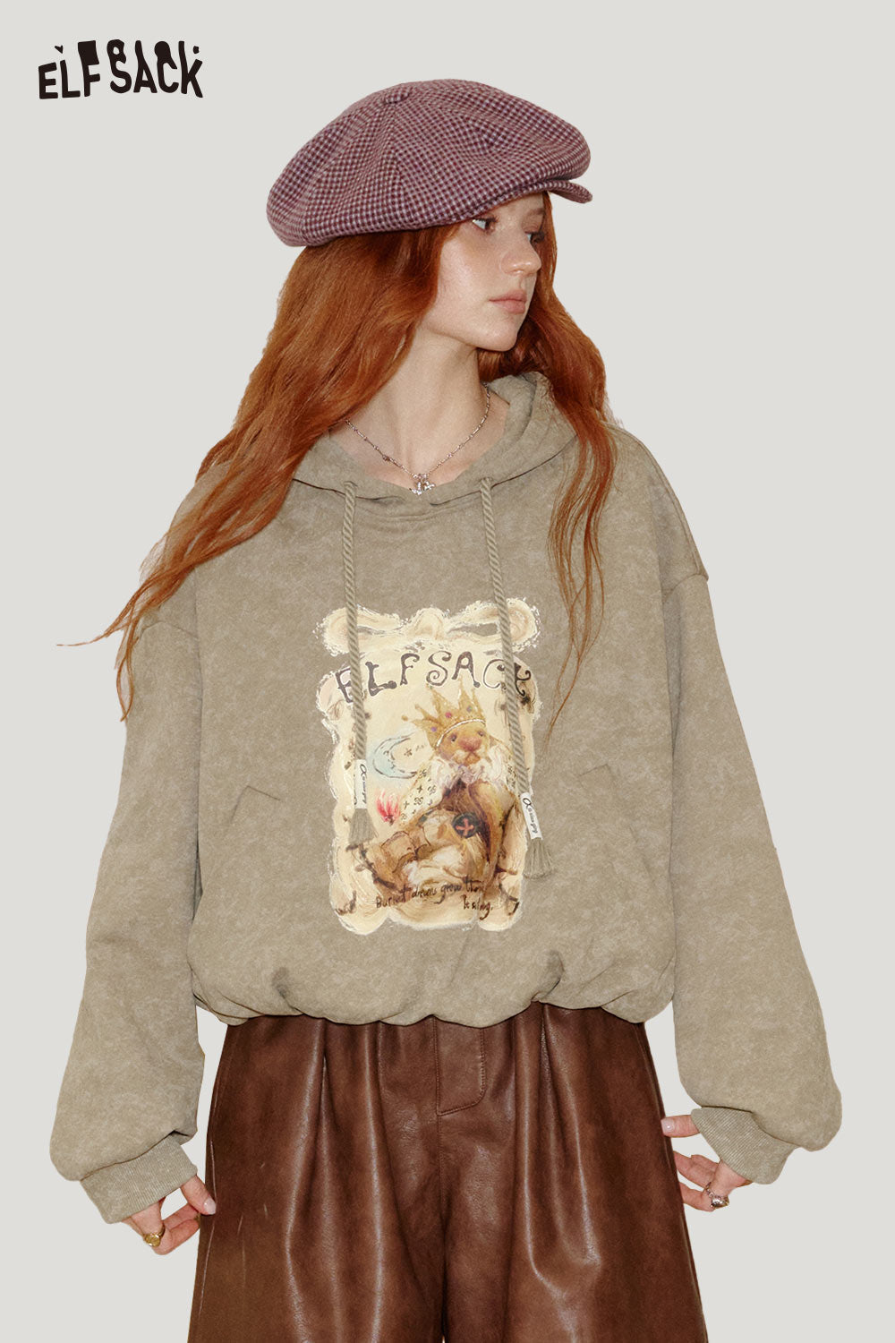 ELFSACK Soft Hoodie Adjustable Drawcord Graphic Print Relaxed Fit
