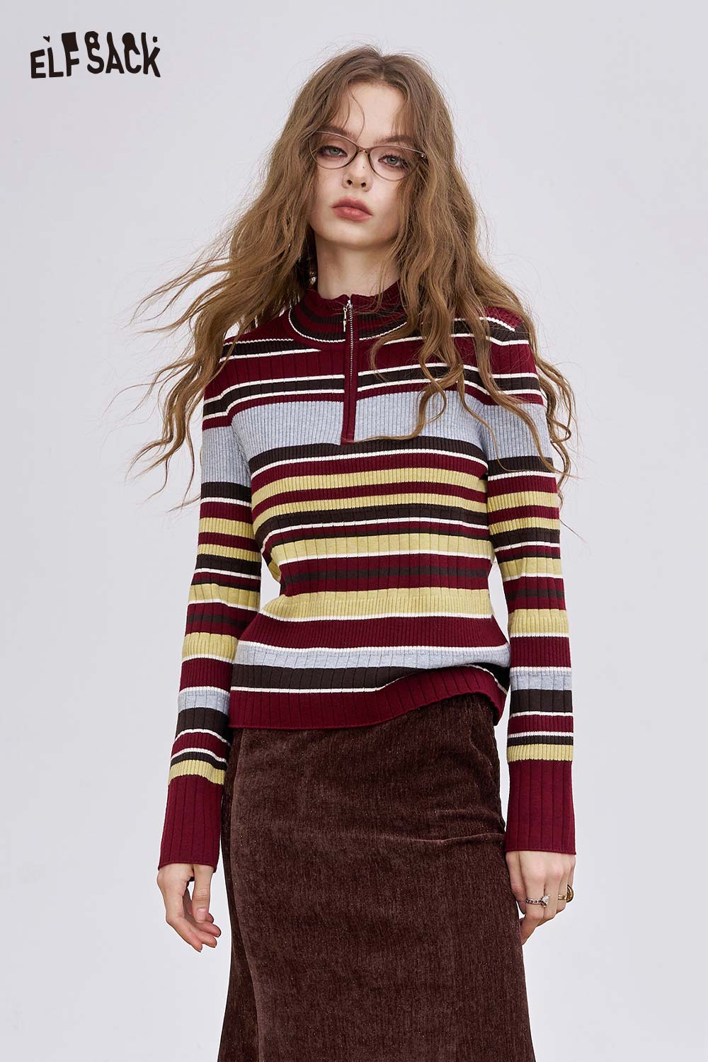 ELFSACK Soft Slim Half Zip Long Sleeve Knit Sweater