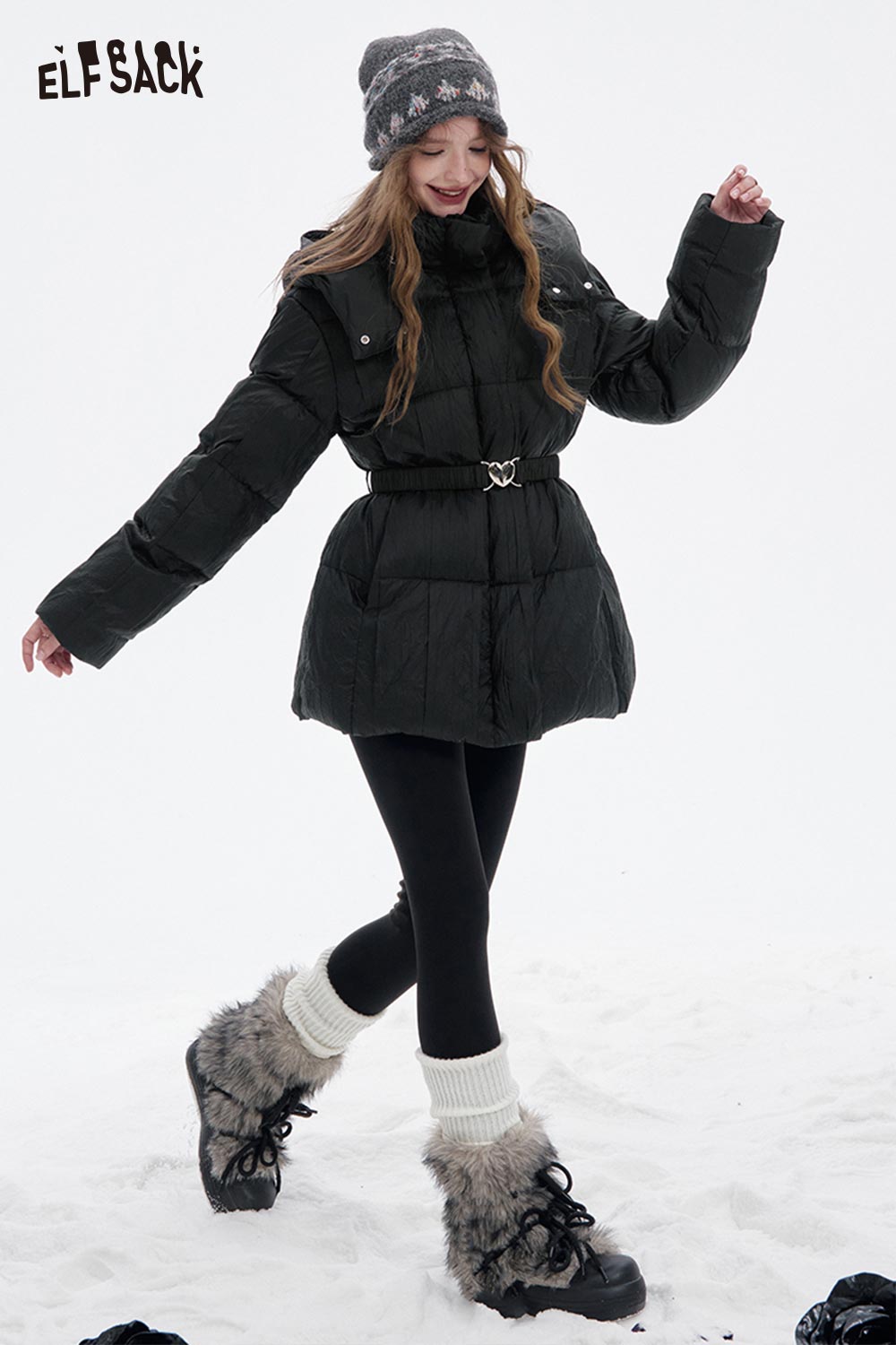 ELFSACK Soft Solid Slimming Heart Belt Hooded Puffy Down Coat