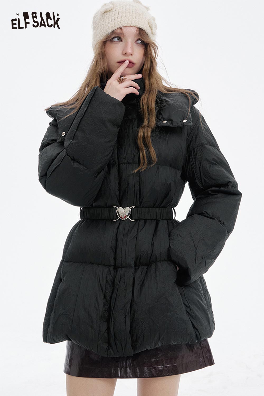 ELFSACK Soft Solid Slimming Heart Belt Hooded Puffy Down Coat