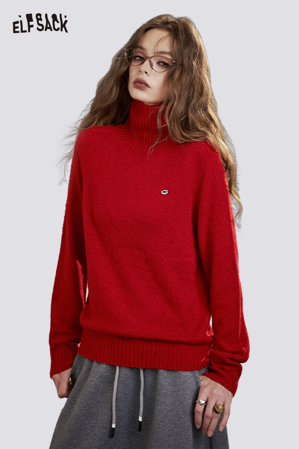 ELFSACK Soft Solid Color High Neck Knit Sweater