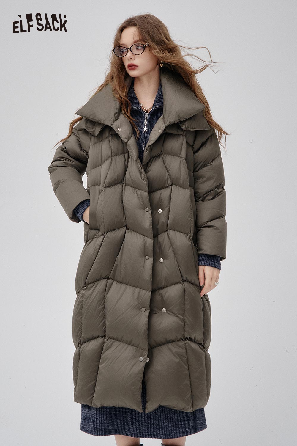 ELFSACK Soft Loose Fit High Neck Solid Color Puffer Coat