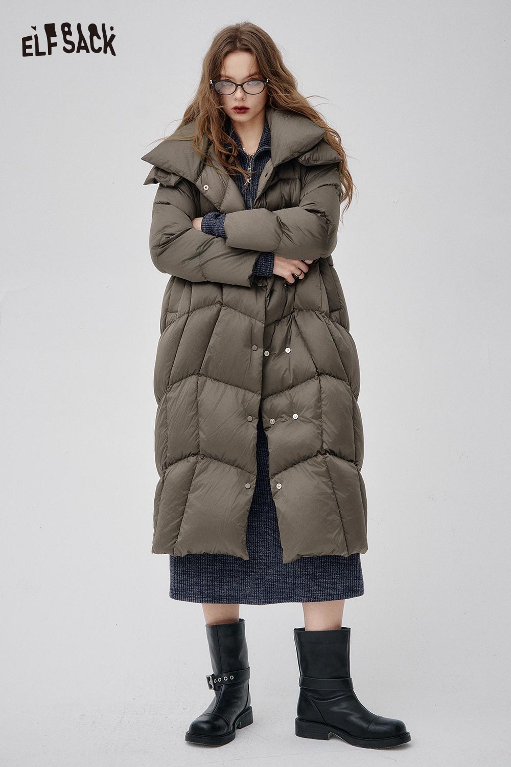 ELFSACK Soft Loose Fit High Neck Solid Color Puffer Coat