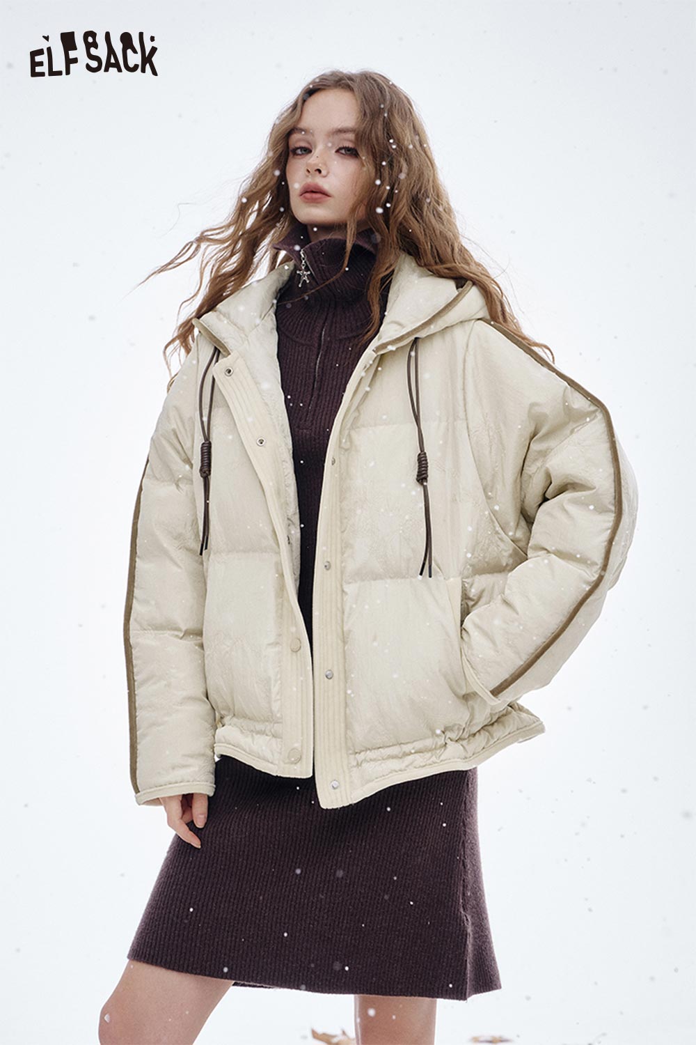 ELFSACK Soft Classic Hooded Solid Colour Short Down Jacket